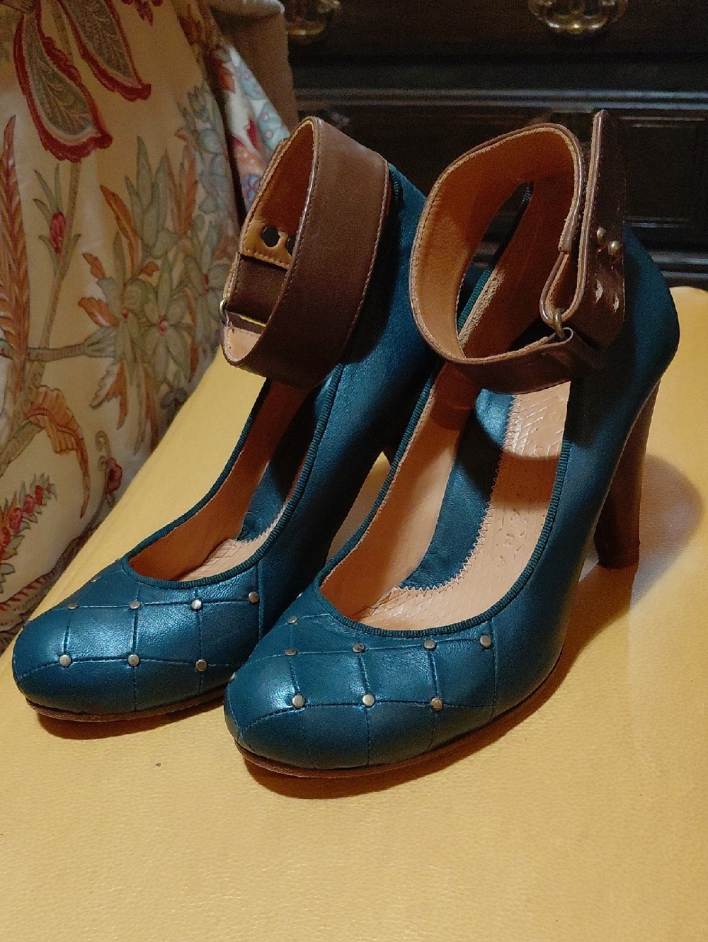 Chie Mihara Teal High-Heel Ankle-Strap Pumps with Brown Strap